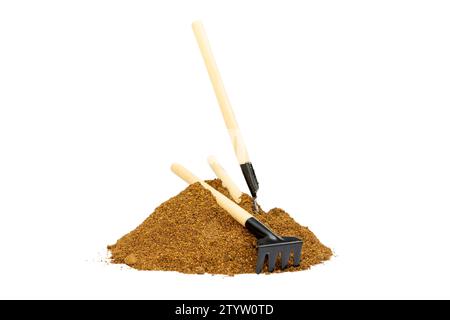 Neem Powder fertilizer for plants with gardening tools isolated on white background Stock Photo