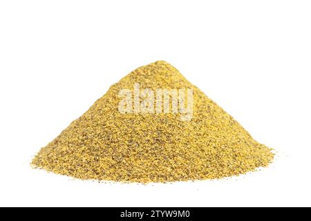 Pile of mustard organic fertilizer on white isolated background Stock Photo