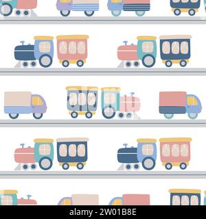 Vehicles on baby road seamless pattern. Cars and trains background. Hand drawn kid car. Baby print for clothing, textile, wallpaper, design, vector Stock Vector