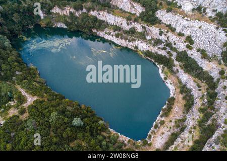 drone aerial view of old abandoned quarry Stock Photo