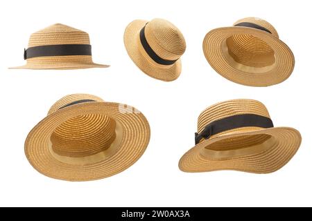Straw hat with black bow isolated on white background. Stock Photo