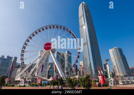 December 12, 2023: Hong Kong Observation Wheel, located at the Central Harbourfront, Central, Hong Kong, has 42 gondolas and is currently operated by Stock Photo