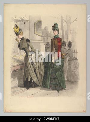 Two Women in Day Dresses: Preparatory drawing for a fashion plate from Le Moniteur de la Mode 1953 by Jules David Stock Photo