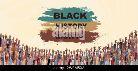 Many black skin African American men women children seniors  group raised hand holding a heart with flag colors for Black History Month event. Banner Stock Vector