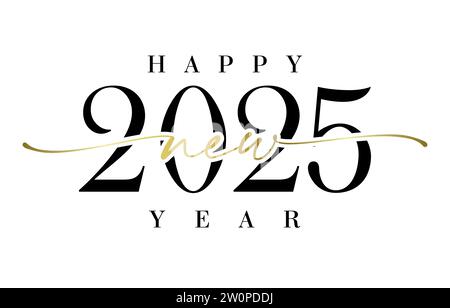 New Year 2025 creative banner with cute isolated number 20 25, black and golden elements. Handwritten style. White background. Black and white design. Stock Vector