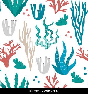 Vector Seamless Pattern with Multicolor Seaweed Shapes at the Bottom of the Sea. Bright Print for fabric, wrapping, textile, wallpaper, apparel. Under Stock Vector