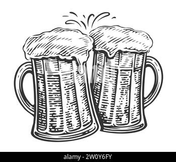 Cheers, Two beer mugs toast. Clinking glass glasses full of ale and splashes of foam, illustration Stock Vector