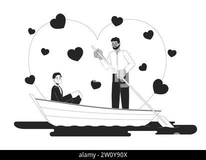 Romantic Valentines day boyfriends lake boating black and white 2D illustration concept Stock Vector