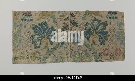 Fragment multicolored silk, anonymous, c. 1690 - c. 1700 Fragment multicolored silk tissue. A white soil has a pattern of multicolored flowers with thick stems, between which small, brown geometric figures. The fragment consists of two sewing fragments. Netherlands silk Fragment multicolored silk tissue. A white soil has a pattern of multicolored flowers with thick stems, between which small, brown geometric figures. The fragment consists of two sewing fragments. Netherlands silk Stock Photo