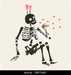 Funny Skeleton with decor for Valentine's day. Cute character Skeleton Bones Stock Vector