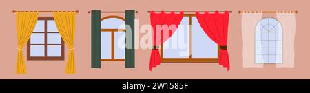 Set of Window and curtains in the room. House window. Vector flat illustration Stock Vector