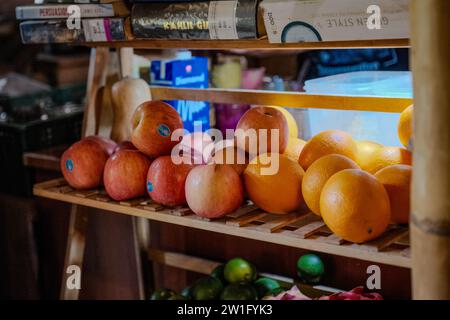 Explore the vibrant and wholesome display of apples and oranges arranged on wooden holders in a bio-friendly shop. Stock Photo
