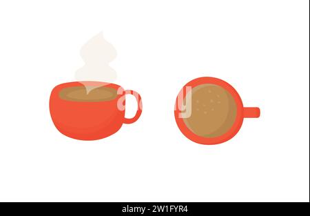 Tasty hot black coffee illustrations set in red cup. Cafe and restaurant concept. Stock Vector