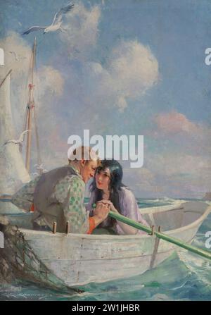 Charles Edward Chambers (American, 1883-1941). Love Birds. Couple in a row boat. Oil on canvas Stock Photo