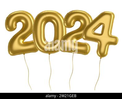 Holiday background happy new year 2024. Year numbers 2024 golden foil balloon on white background with clipping path. Celebrating the New Year's Stock Photo