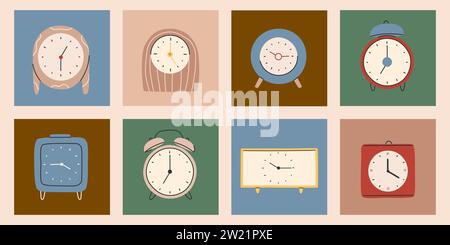 Different types of watches in trendy style. Clock poster set. Fashionable hand-drawn style.Print, poster, banner.Vector Stock Vector
