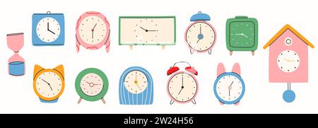 Different types of watches in trendy style. Clock poster set. Fashionable hand-drawn style.Print, poster, banner.Vector Stock Vector