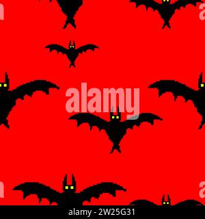 pixel art seamless pattern BAT RED BACKGROUND Stock Vector