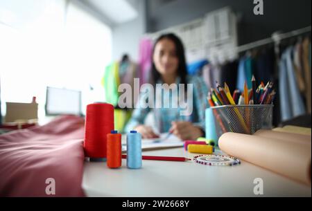 Table of hardworking tailor Stock Photo