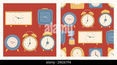Different types of watches in trendy style. Clock poster and pattern set. Fashionable modern hand-drawn style.Vector Stock Vector