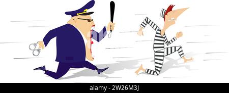 Angry police officer running after a prisoner.  Male police officer with handcuffs and baton trying to catch up a prisoner Stock Vector