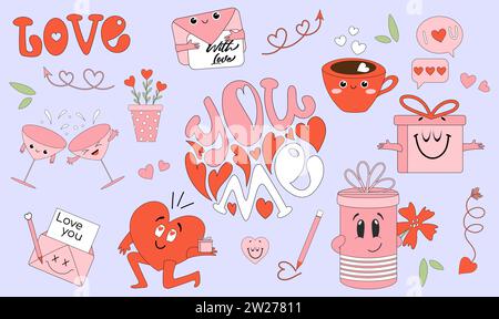 Cute romantic set of Valentines day hand drawn elements. Flat illustrations for stickers, greeting cards, web design. Stock Vector