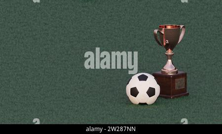 3D render - golden cup and soccer ball on the green grass of a football field. Stock Photo