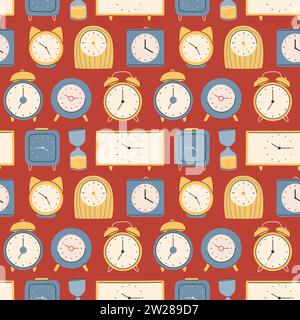 Different types of watches in trendy style. Clock poster, pattern set. Fashionable modern hand-drawn style.Vector Stock Vector