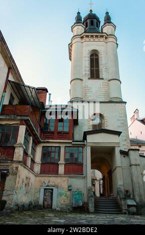 Lviv old town landmark. Armenian yard in old city Lviv, Ukraine. Facade of ancient residential district. Town hall and historical buildings in Ukraine Stock Photo