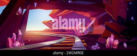 Pink crystal mine cave entrance game cartoon background. Fantasy ...