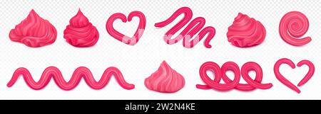 Pink whipped cream design elements for pastry isolated on transparent background. Vector realistic illustration of creamy decoration for dessert, abst Stock Vector