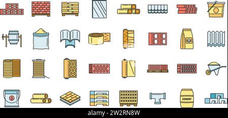 Modern construction materials icons set. Outline set of modern construction materials vector icons thin line color flat on white Stock Vector