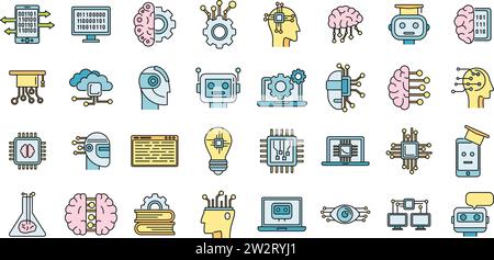 Science machine learning icons set. Outline set of science machine learning vector icons thin line color flat on white Stock Vector