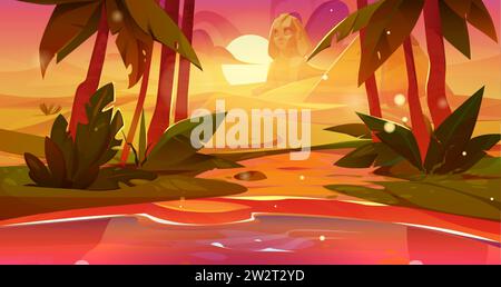 Egyptian desert landscape with oasis during sunrise or sunset. Cartoon vector landscape with lake and palm trees on skyline with pyramids and sphinx i Stock Vector