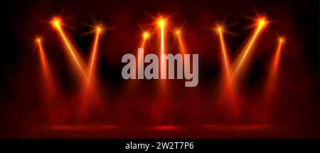 Red bright spotlight on stage with glowing effect. Realistic vector of concert or show projector lights with smoke on black background - lamp beams an Stock Vector