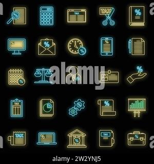 State tax regulation icons set. Outline set of state tax regulation vector icons neon color on black Stock Vector