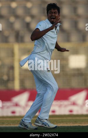 Bangladeshi Spine bowler Taijul Islam celebrates during Bangladesh-New Zealand first Test Day Four at Sylhet International Cricket Stadium, Lakkatura, Stock Photo