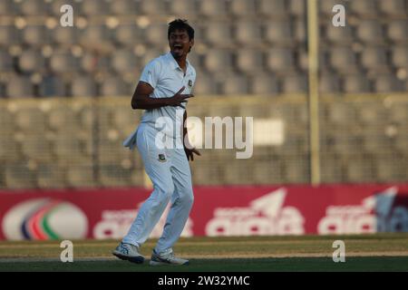 Bangladeshi Spine bowler Taijul Islam celebrates during Bangladesh-New Zealand first Test Day Four at Sylhet International Cricket Stadium, Lakkatura, Stock Photo