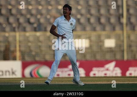 Bangladeshi Spine bowler Taijul Islam celebrates during Bangladesh-New Zealand first Test Day Four at Sylhet International Cricket Stadium, Lakkatura, Stock Photo