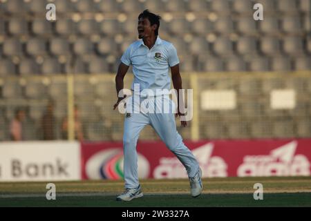 Bangladeshi Spine bowler Taijul Islam celebrates during Bangladesh-New Zealand first Test Day Four at Sylhet International Cricket Stadium, Lakkatura, Stock Photo