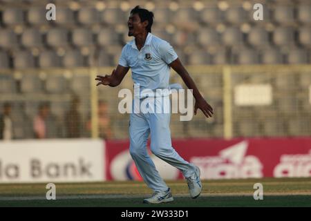 Bangladeshi Spine bowler Taijul Islam celebrates during Bangladesh-New Zealand first Test Day Four at Sylhet International Cricket Stadium, Lakkatura, Stock Photo