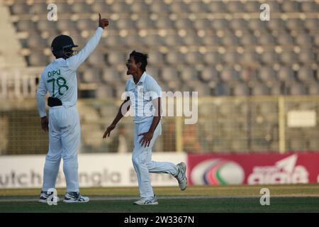 Bangladeshi Spine bowler Taijul Islam celebrates during Bangladesh-New Zealand first Test Day Four at Sylhet International Cricket Stadium, Lakkatura, Stock Photo