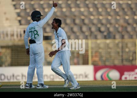 Bangladeshi Spine bowler Taijul Islam celebrates during Bangladesh-New Zealand first Test Day Four at Sylhet International Cricket Stadium, Lakkatura, Stock Photo