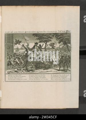 John Law on the donkey of Sancho Panza, 1720, 1720 Cartoon on John Law driving like a second Don Quixotte on the donkey of Sancho Panza, 1720. The devil lifts the tails of the donkey, so that actien are shed from the rear. The wind traders are moving the donkey towards the Quincampoix coffee house. Print in the bound fourth edition (304 B 12) of the great scene of foolishness with cartoons on the wind trade or action trade of 1720. Northern Netherlands paper etching  Coffee house Quincampoix Cartoon on John Law driving like a second Don Quixotte on the donkey of Sancho Panza, 1720. The devil l Stock Photo