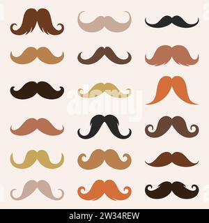 Different mustache icon collection. Vintage male moustaches silhouette, funny retro gentleman moustaches. Hipster man element. Men grooming, haircare Stock Vector