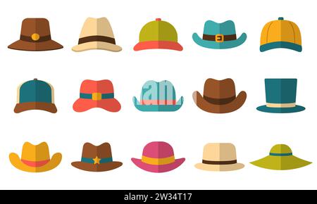 Hats icons set, female and male headwear, derby and cowboy, cap, panama and cylinder. Headdress collection flat style in various model stylish Stock Vector