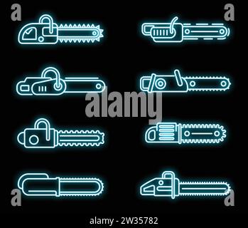 Modern chainsaw icons set. Outline set of modern chainsaw vector icons neon color on black Stock Vector