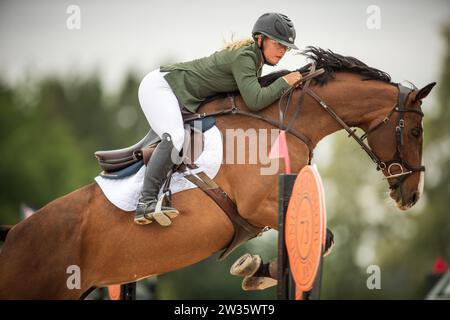 Jaydan Stettner of Canada competes at the 2023 Canadian Premier Horse Show at Thunderbird Show Park in Langley, Canada. Stock Photo
