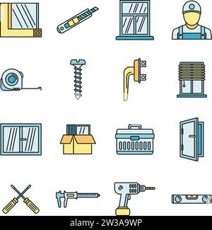 Home window installation icons set. Outline set of home window installation vector icons thin line color flat on white Stock Vector