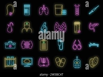 Endocrinologist doctor icons set. Outline set of endocrinologist doctor vector icons neon color on black Stock Vector